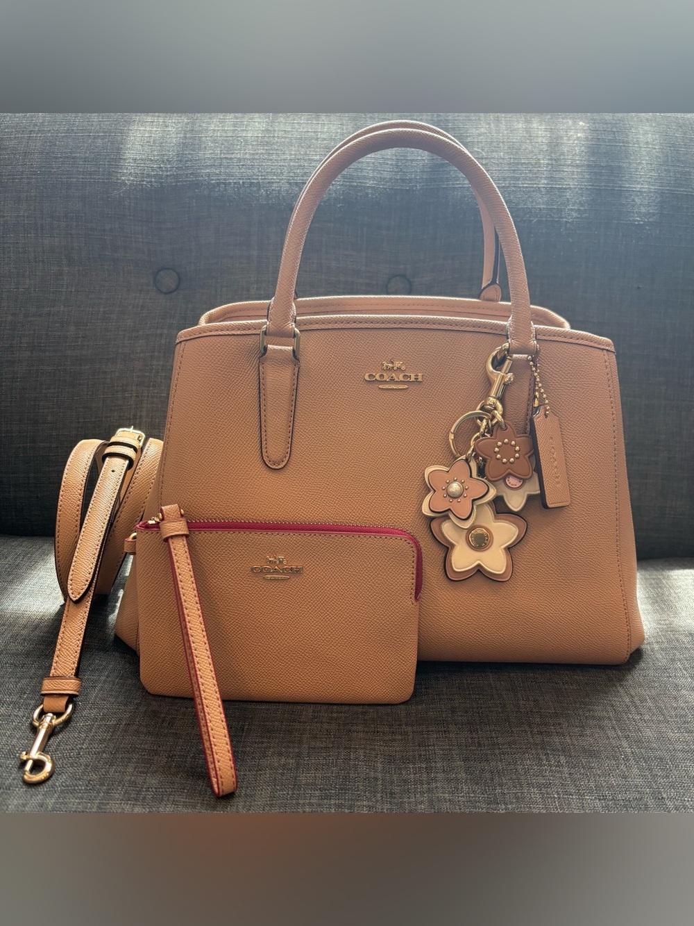 Coach Margot Tan Leather Carryall with Floral Charm and Wristlet Pouch Bundle